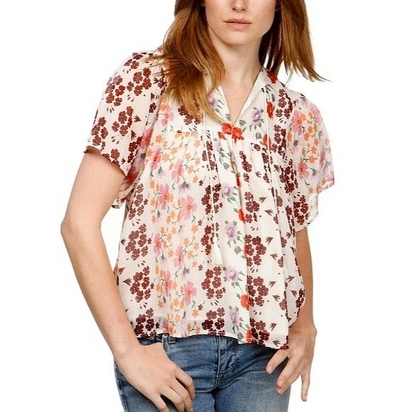 3 for $30! SALE Lucky Brand Tassel Dolman Sleeve Floral Peasant Blouse - Picture 1 of 12
